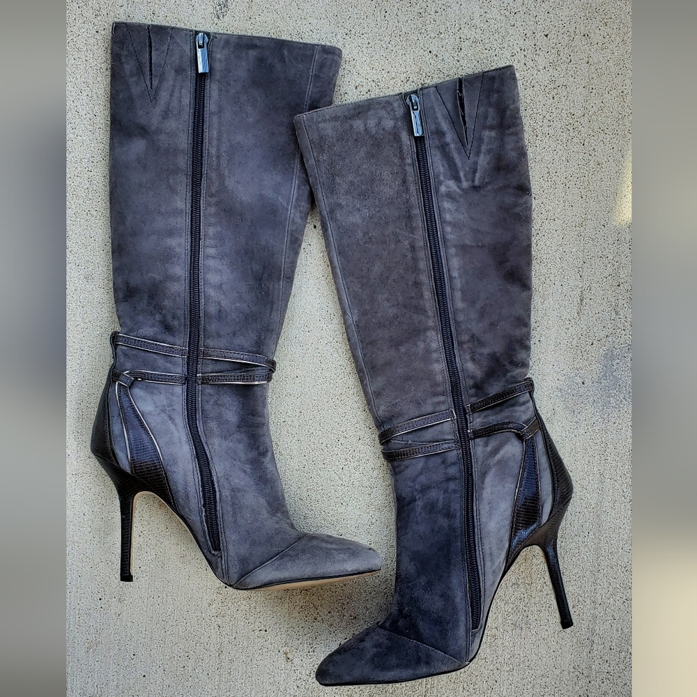 White House Black Market Grey Velvet Knee High Zip Up Heel Boots Sz 8
